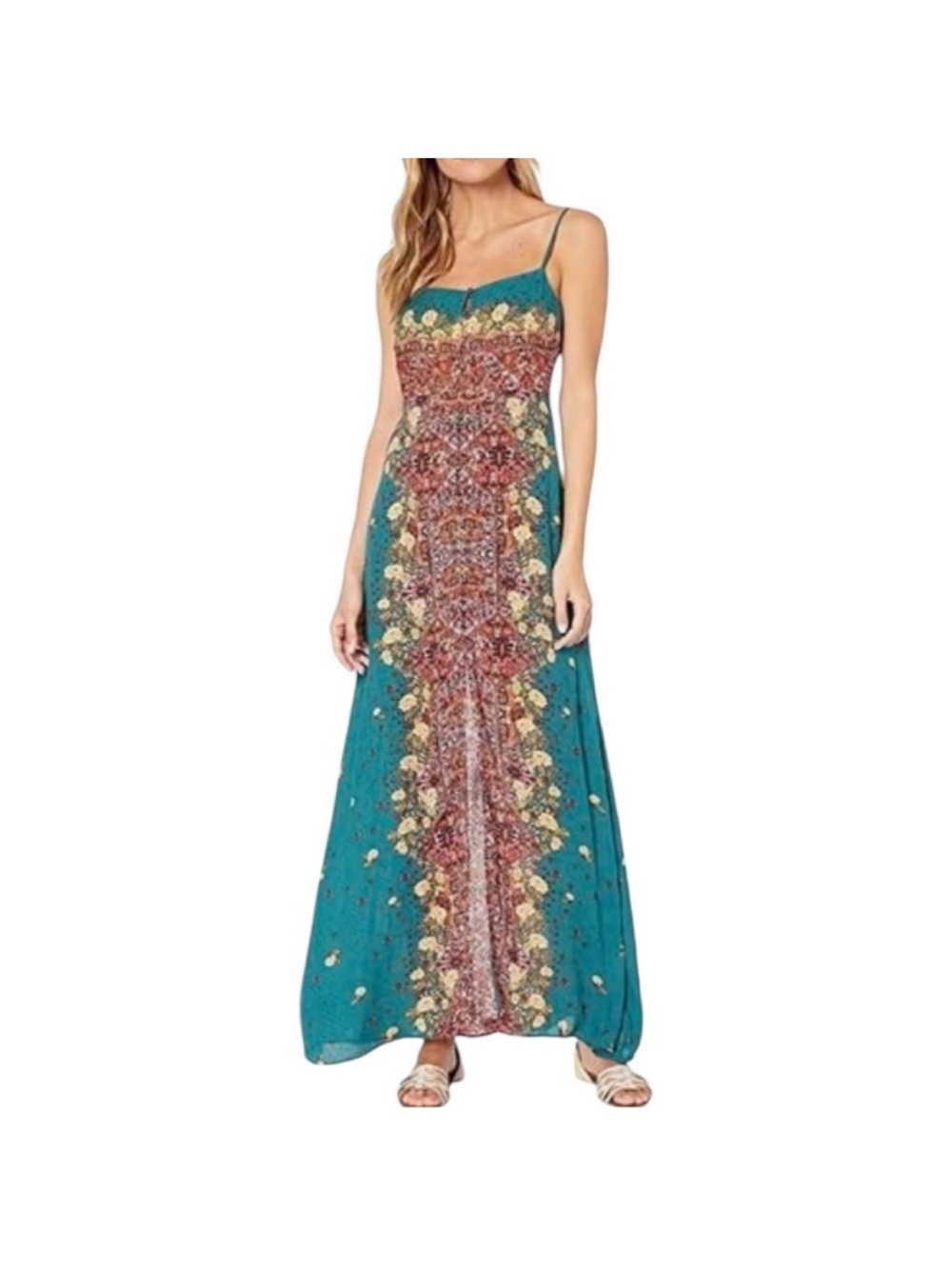 Free People Teal Spaghetti-Strap Maxi Dress with Floral Center Panel